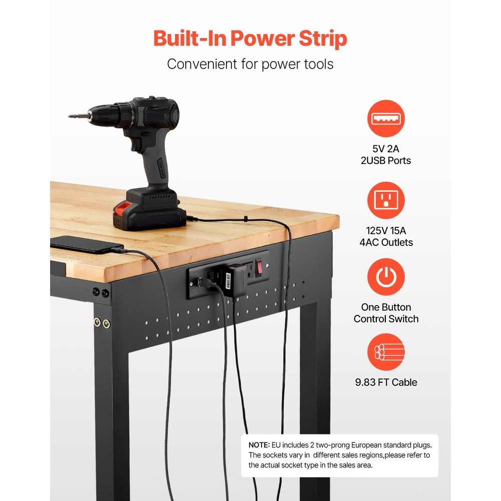 48" Workbench on Wheels Adjustable Height Table with Power Outlet & Pegboard