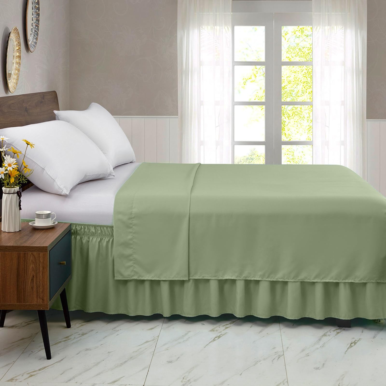 Queen Bed Skirt Elastic Fit 15-Inch Drop Sage Green Hotel Quality