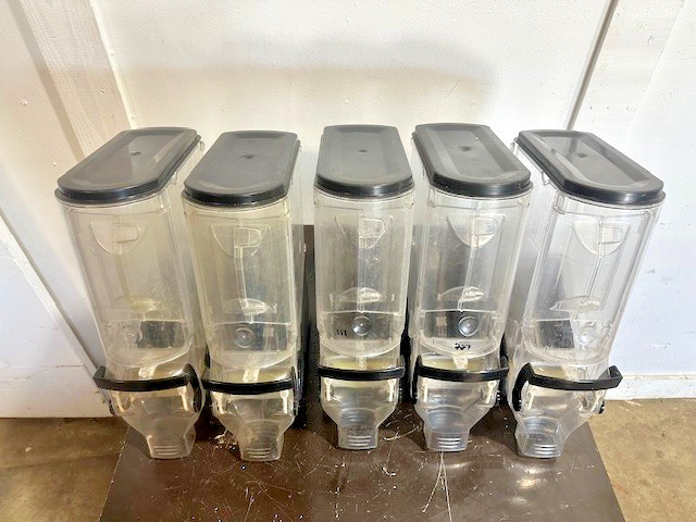 LOT OF 5 TRADE FIXTURES 618/624 COMMERCIAL BULK FOOD GRAVITY BIN DISPENSERS