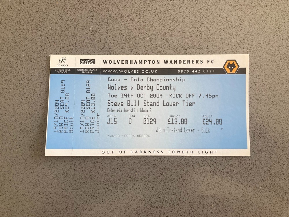 Wolverhampton Wanderers v Derby County 2004-05 Match Ticket