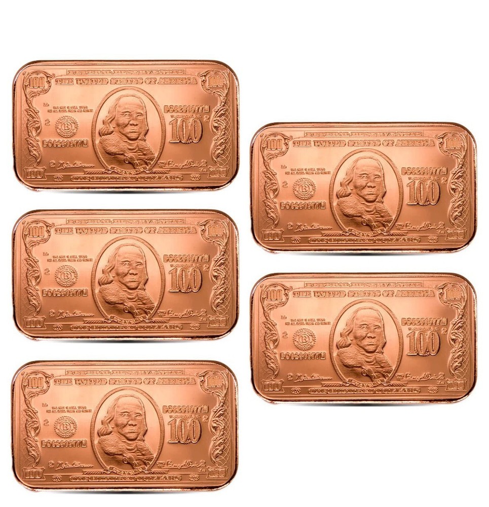 x5 Copper Bars - each 1 oz- stylized $100 Ben Franklin Note