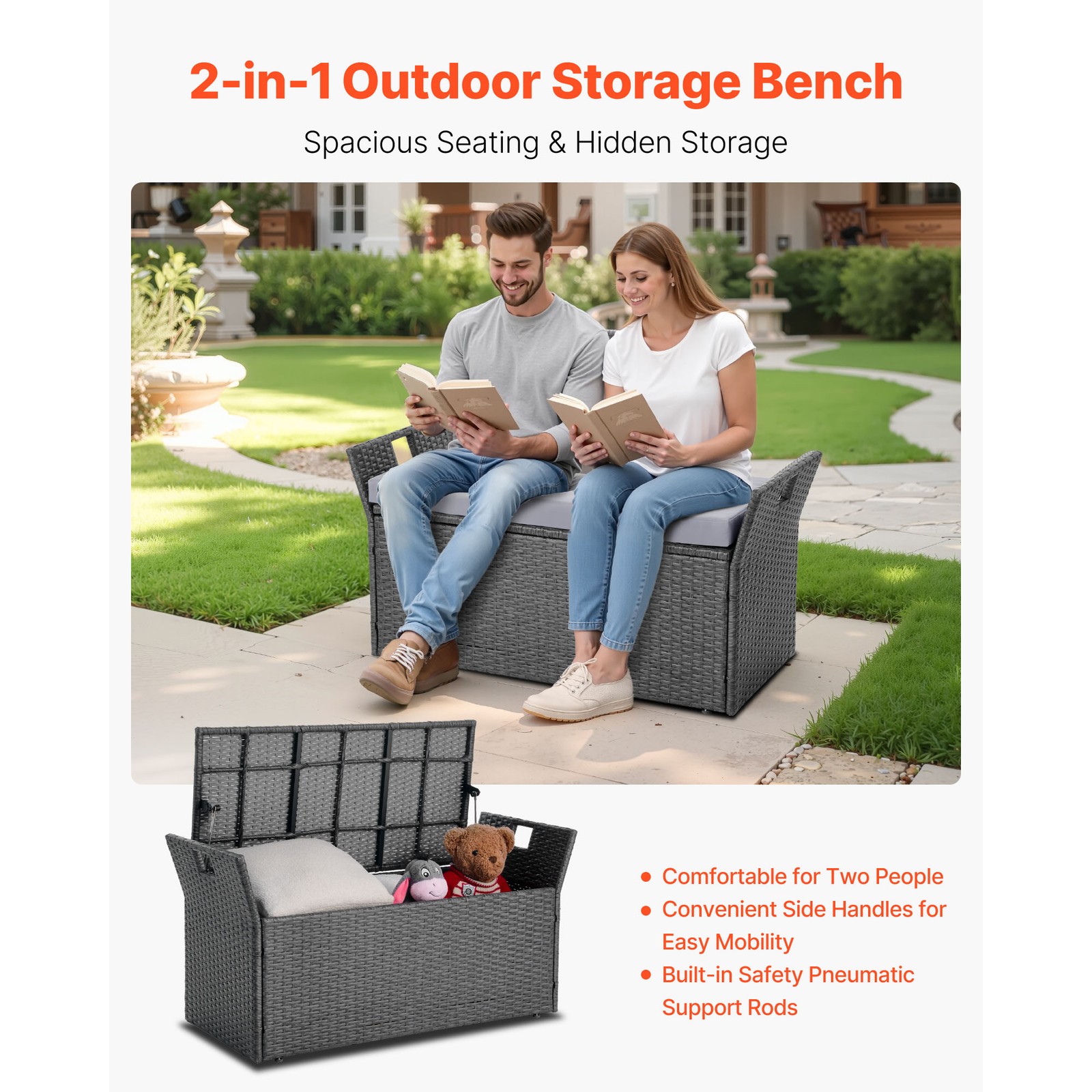 Outdoor Storage Bench PE Rattan 40Gal Deck Box Waterproof Outdoor Seat & Storage