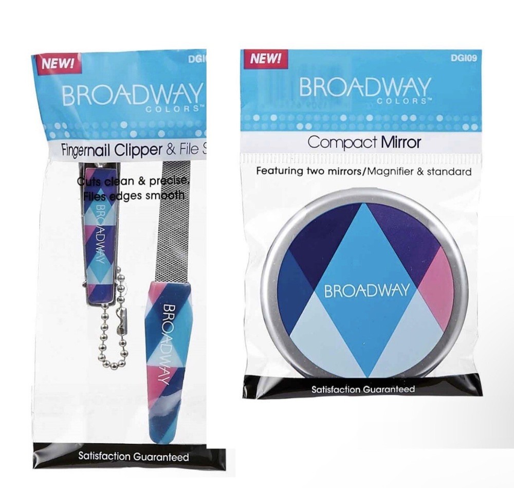 NEW 3pc Broadway Toe Nail Clipper File & Compact Mirror w/ Magnifier Set Bundle