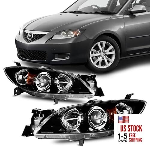 Headlights Assembly Compatible with Amber-Clear-Black/for 2004-2009 Mazda 3