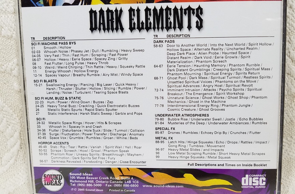 SOUND IDEAS DARK ELEMENTS DE-01 SOUND EFFECTS CD