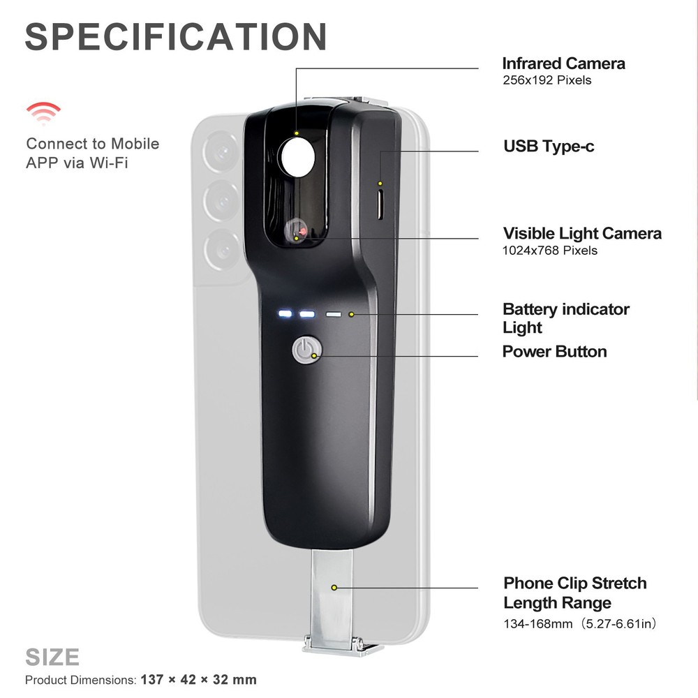 Wireless WiFi Thermal Imaging Camera for Android & iOS Smartphone 256*192 Pixels