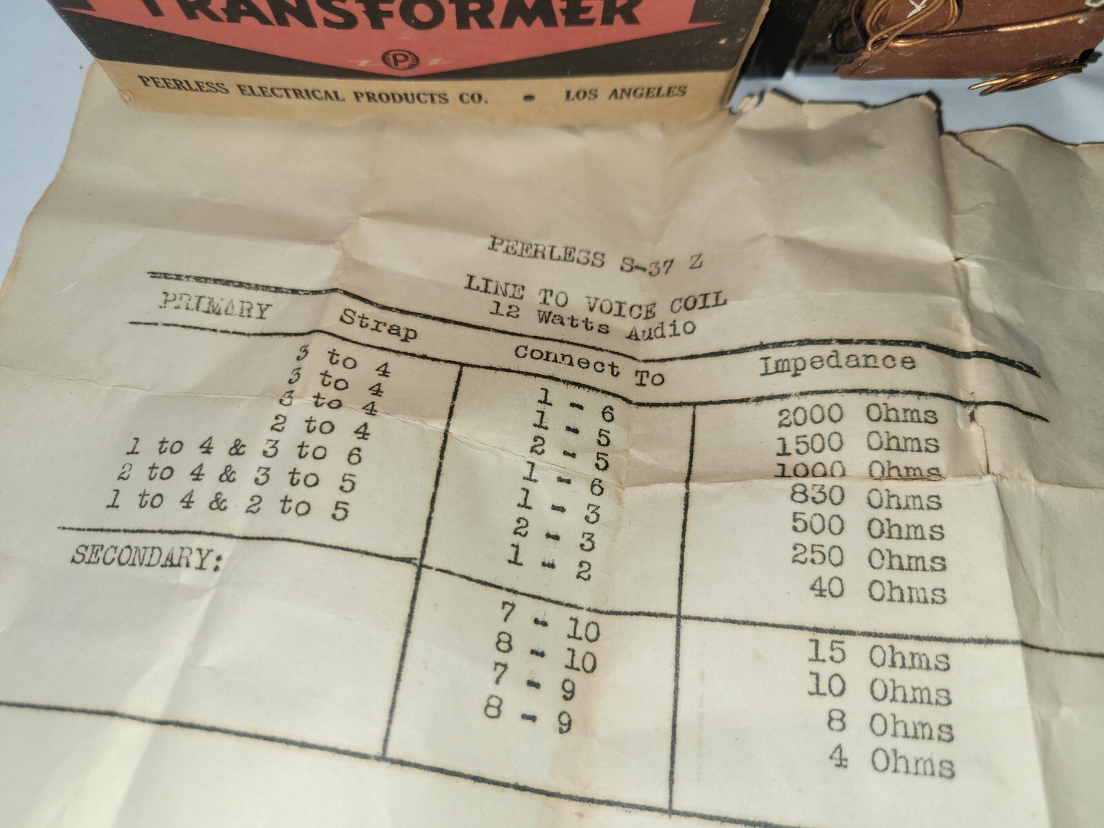 Peerless S37 Z Line To Voice Coil 12 Watts Transformer, original box