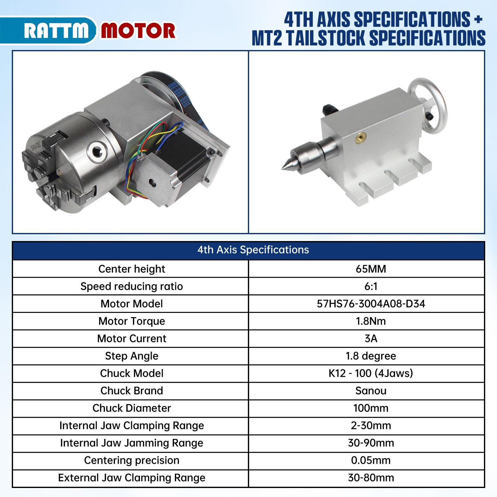 〖US〗CNC Rotation 4th Axis 100mm 4 Jaw Chuck Rotary Table with MT2 65mm Tailstock