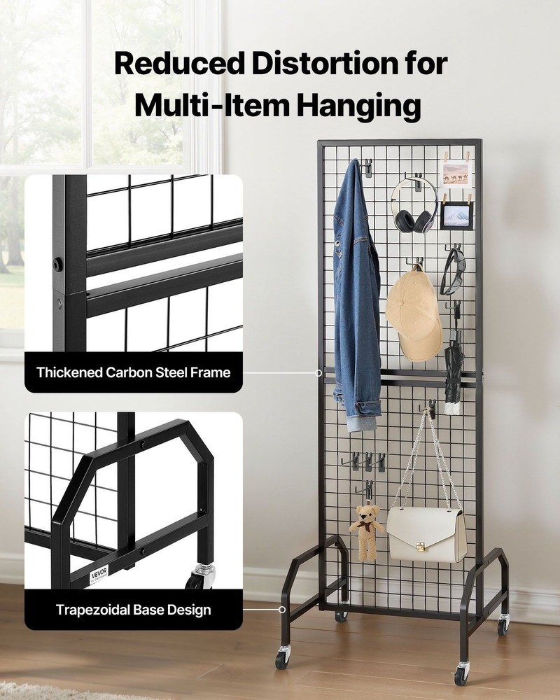1.9x5.4 ft Grid Wall Panel Movable with Wheels 10 Hooks Black Display Storage