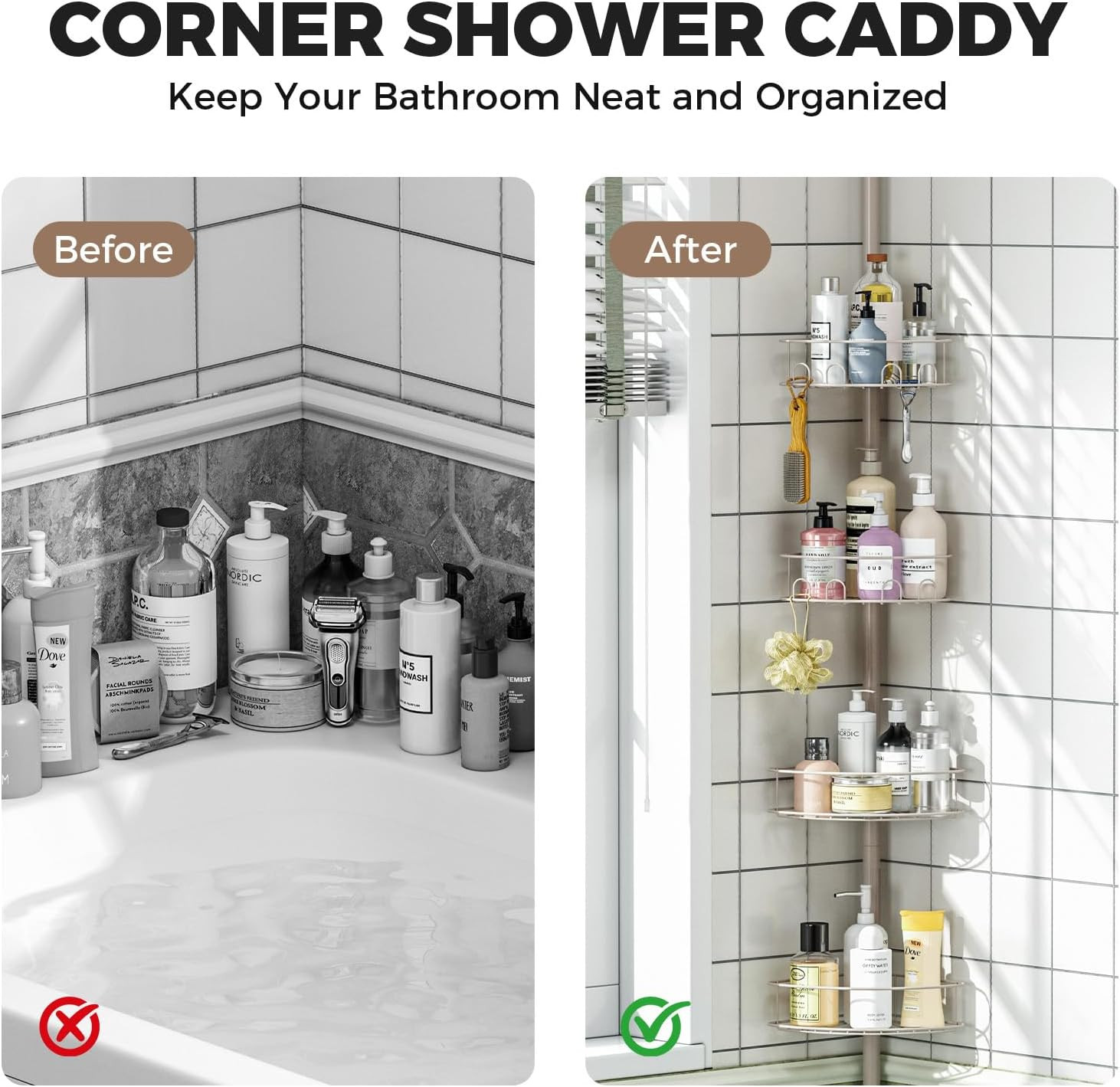 Corner Shower Caddy Tension Pole, 4 Tier Adjustable Bathroom Organizer Shelves,