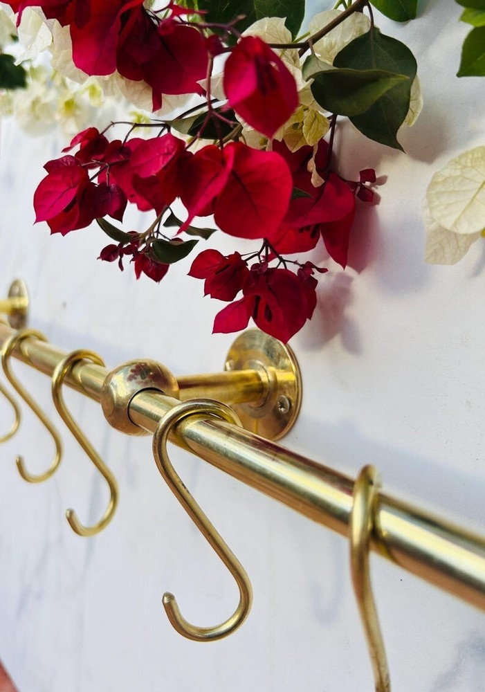 Solid Brass Hanging Pot Rack – Antique Brass Kitchen Rail with Hooks, Wall-Mount
