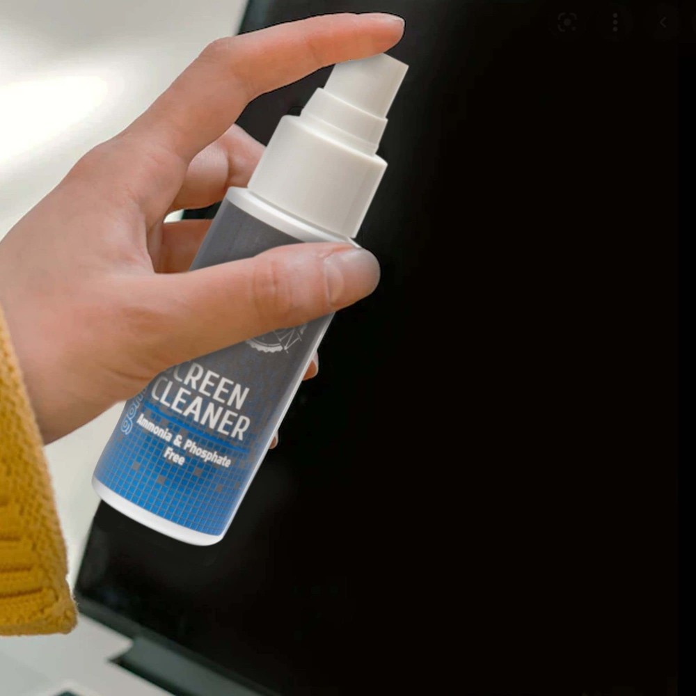 Screen Cleaner Spray Bottle with Clear, light-colored microfiber cloth