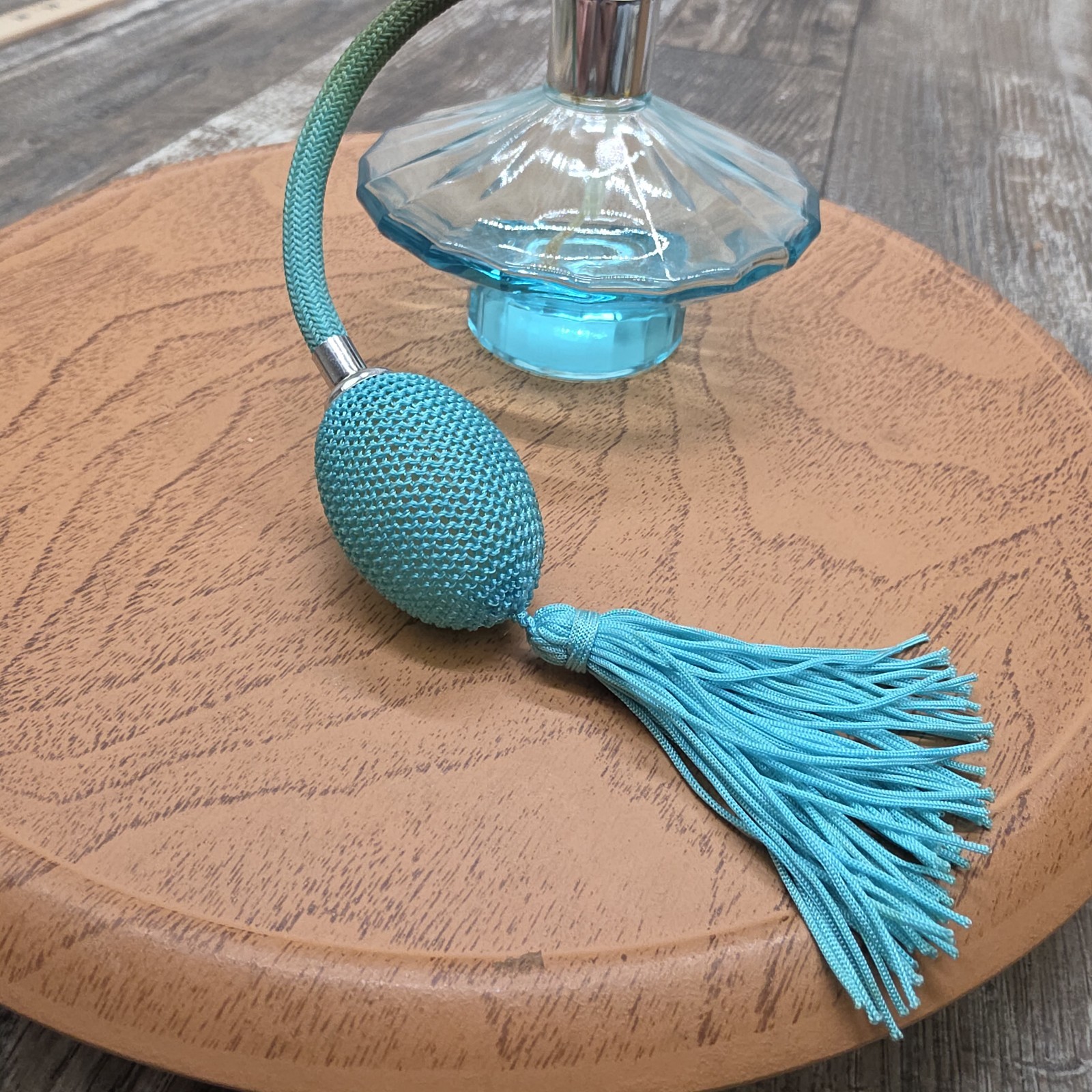 Vintage 4" Diameter Blue Perfume Bottle Atomizer With Tassle Glamor Era