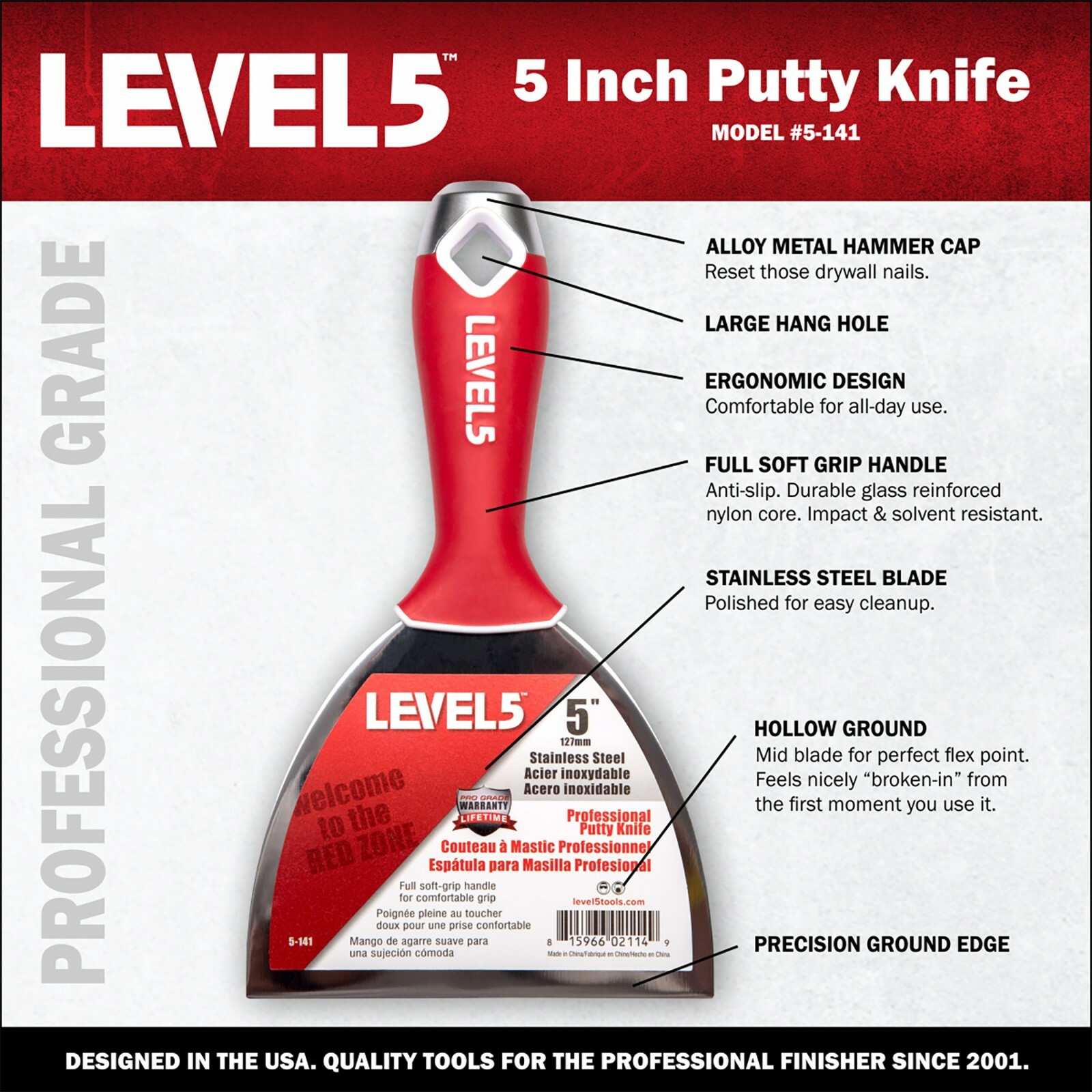 6" Drywall Joint Knife - Stainless Steel w/ Soft Grip Handle | LEVEL5 | 5-142