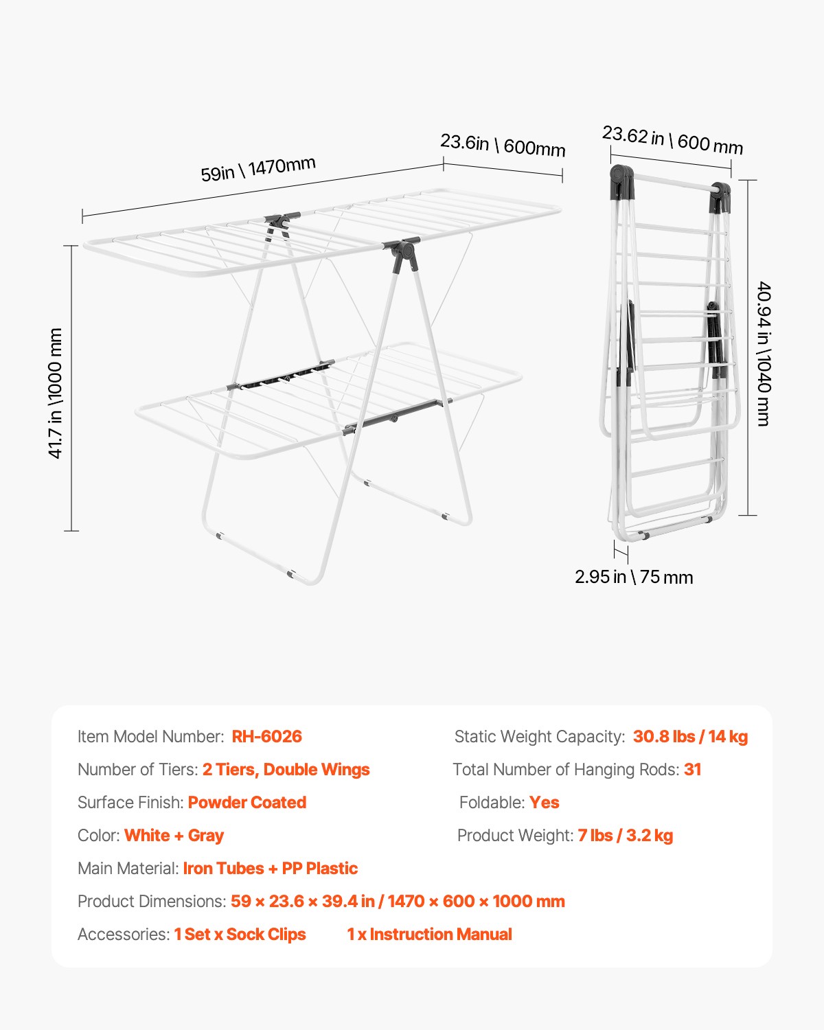 2-Tier Foldable Clothes Drying Rack with Sock Clips & 31 Drying Rods White