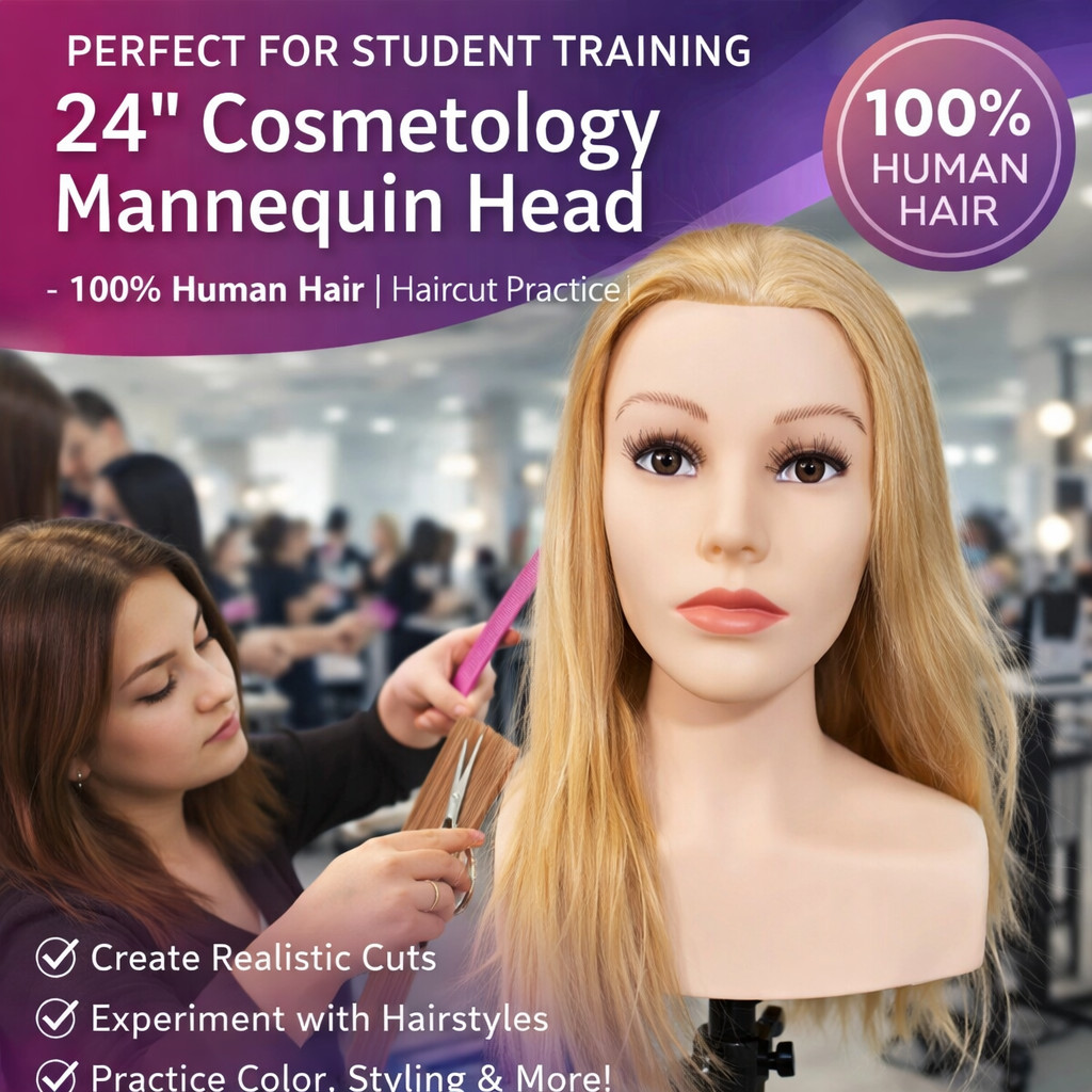 24" Cosmetology Mannequin Head 100% Human Hair Haircut Styling Training Doll