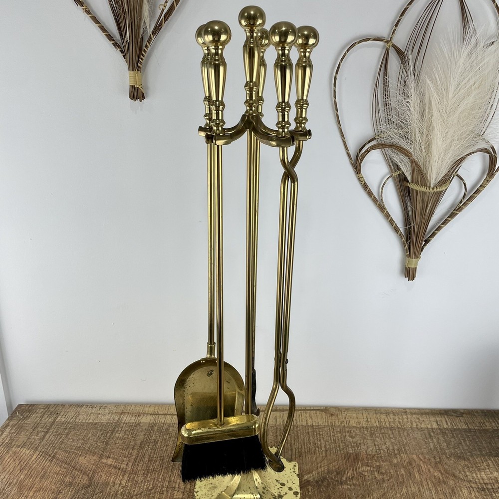 Vintage Solid Brass MCM Fireplace 5 Piece Tool Set Hollywood Regency