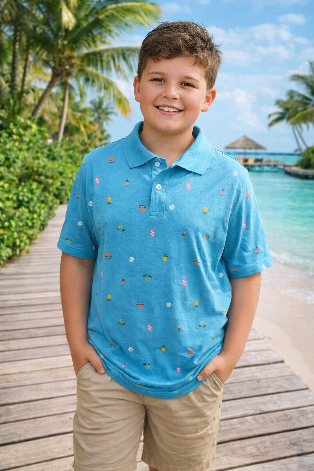 Cat & Jack Boy Polo Shirt XXL 16/18 Husky Blue Tropical Beach Print Cotton Blend