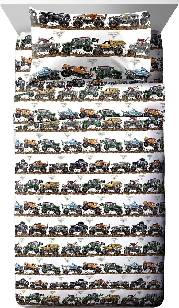 Monster Jam Tracks 4 Piece Twin Bed Set - Includes Comforter & Sheet Set - Be...