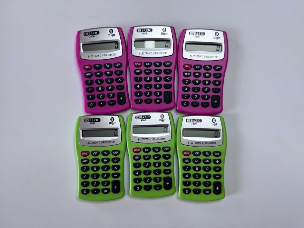 Pocket Size Calculator 8-Digit, LCD Display,Assorted Color, 6 Pack, Tested