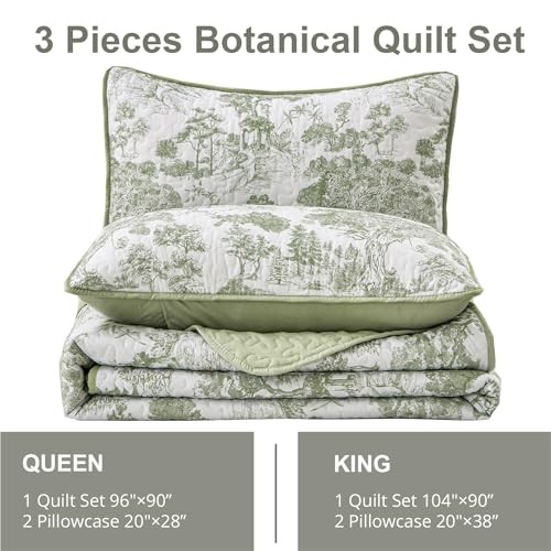 Botanical Quilt Set 3 Pieces Toile Floral Plants Printed King Sage Green