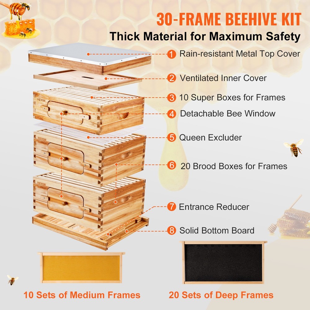 VEVOR Bee Hive Langstroth Kit 20 Deep & 10 Medium Frames with Acrylic Windows