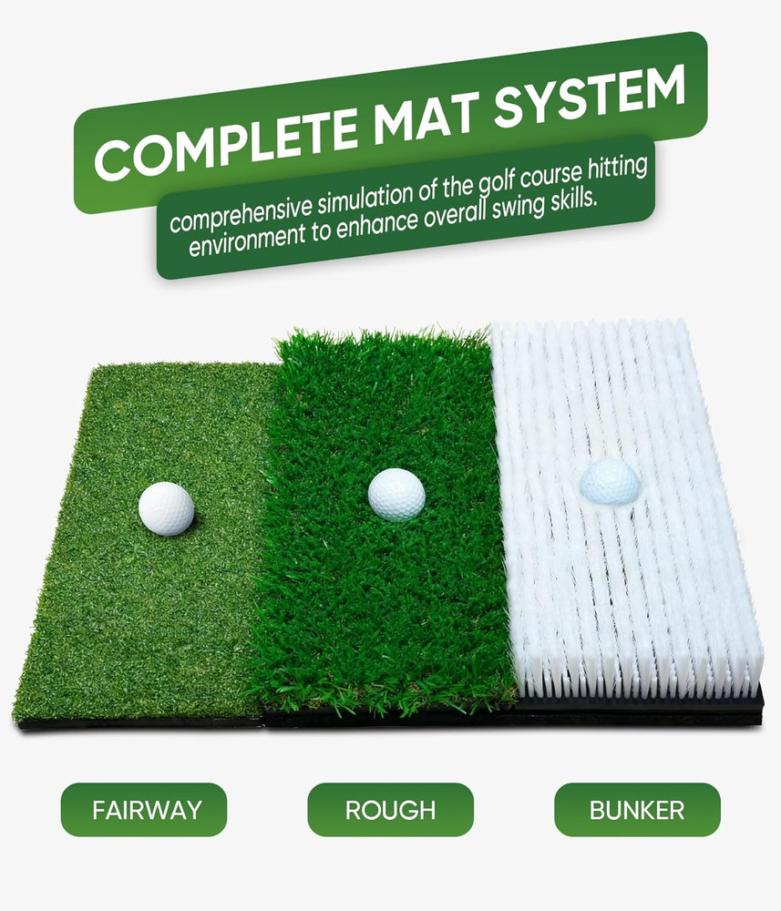 Golf Hitting Mat System Includes Bunker, Fairway and Rough Replaceable Mat, Comp