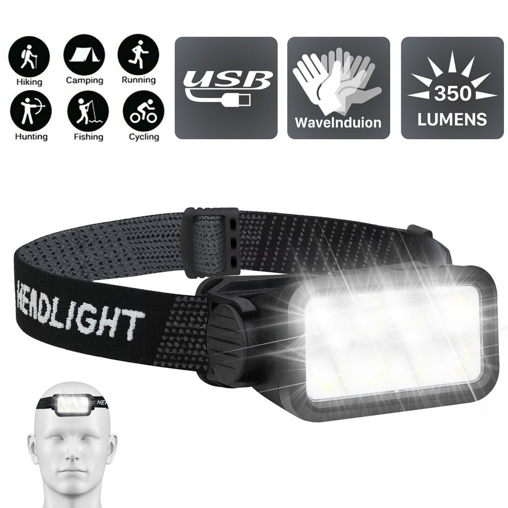 COB LED Headlamp Motion Sensor Head Torch USB Rechargeable Headlight Waterproof
