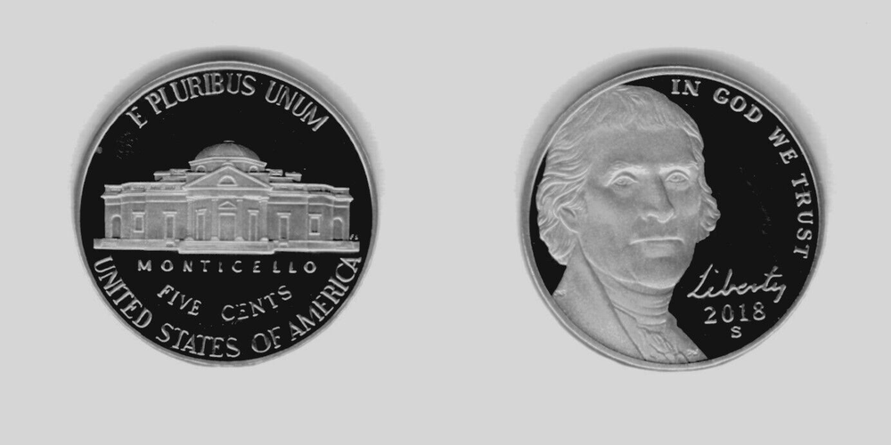 2018 S Jefferson Nickel Reverse Proof & 2018 S Proof from Proof Set (2 Coins)