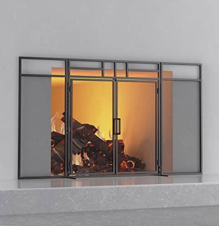 3-Panel Folding Fireplace Screen with Magnetic Hinged Doors, Solid Wrought Iron