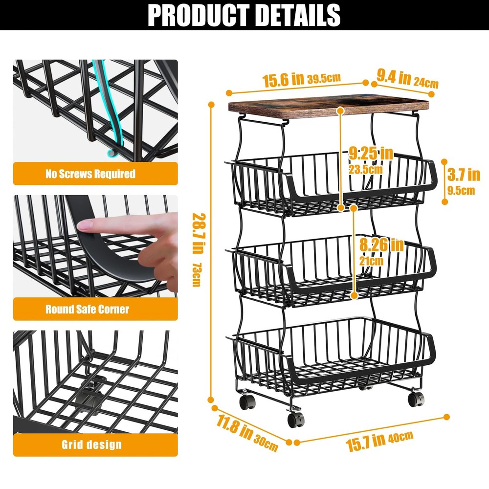 4 Tier Stackable Metal Wire Storage Basket Cart w/ Wheels