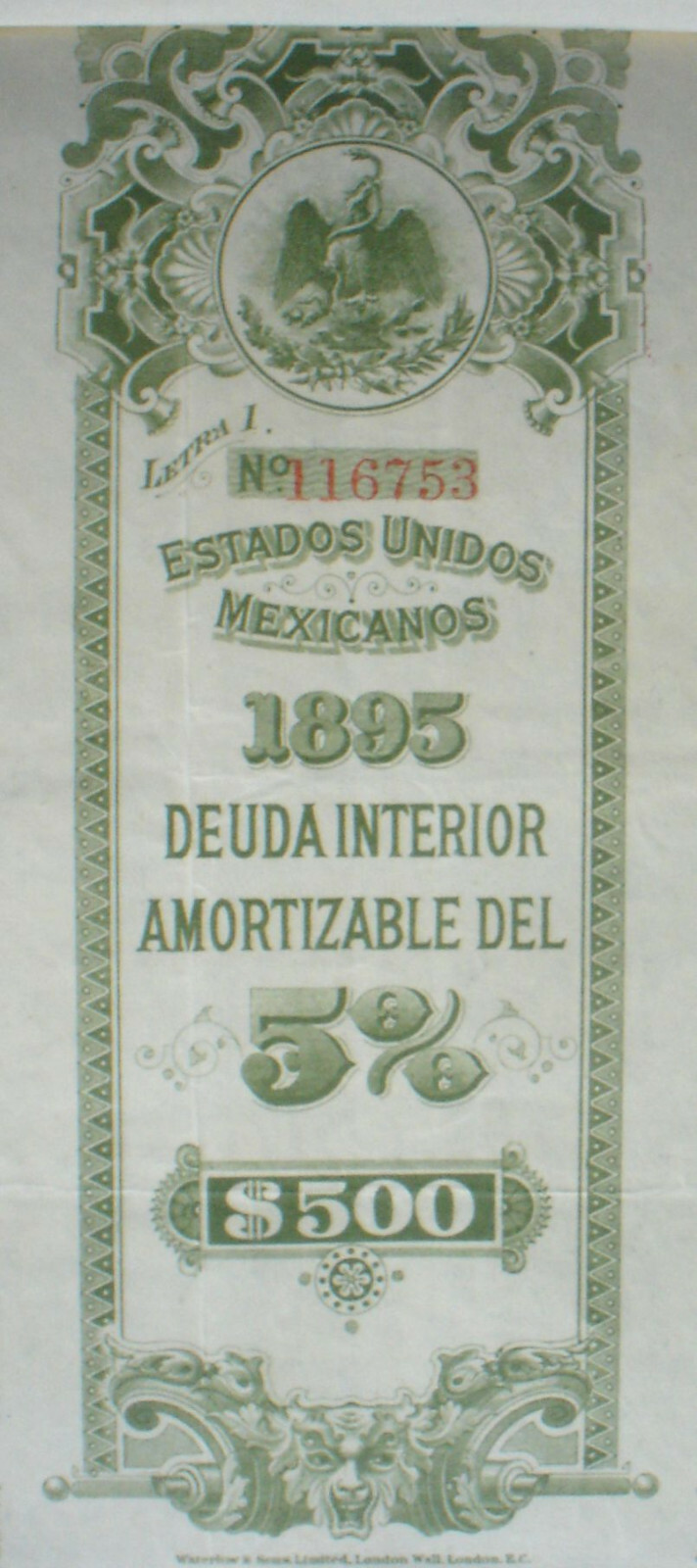 Mexico ESTADOS UNIDOS MEXICANOS BONDS 5%, £100, 1898 uncancelled