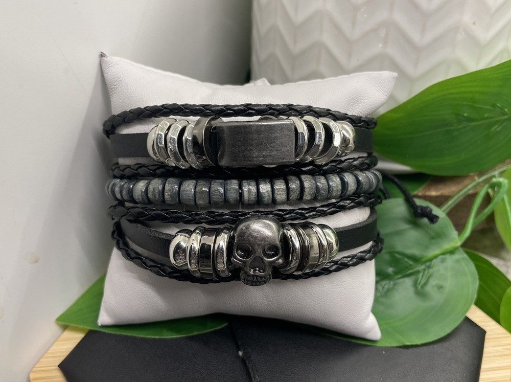 3 PC Leather Bracelet Stackable Adjustable Tie Free Ship Skull Charm B5200