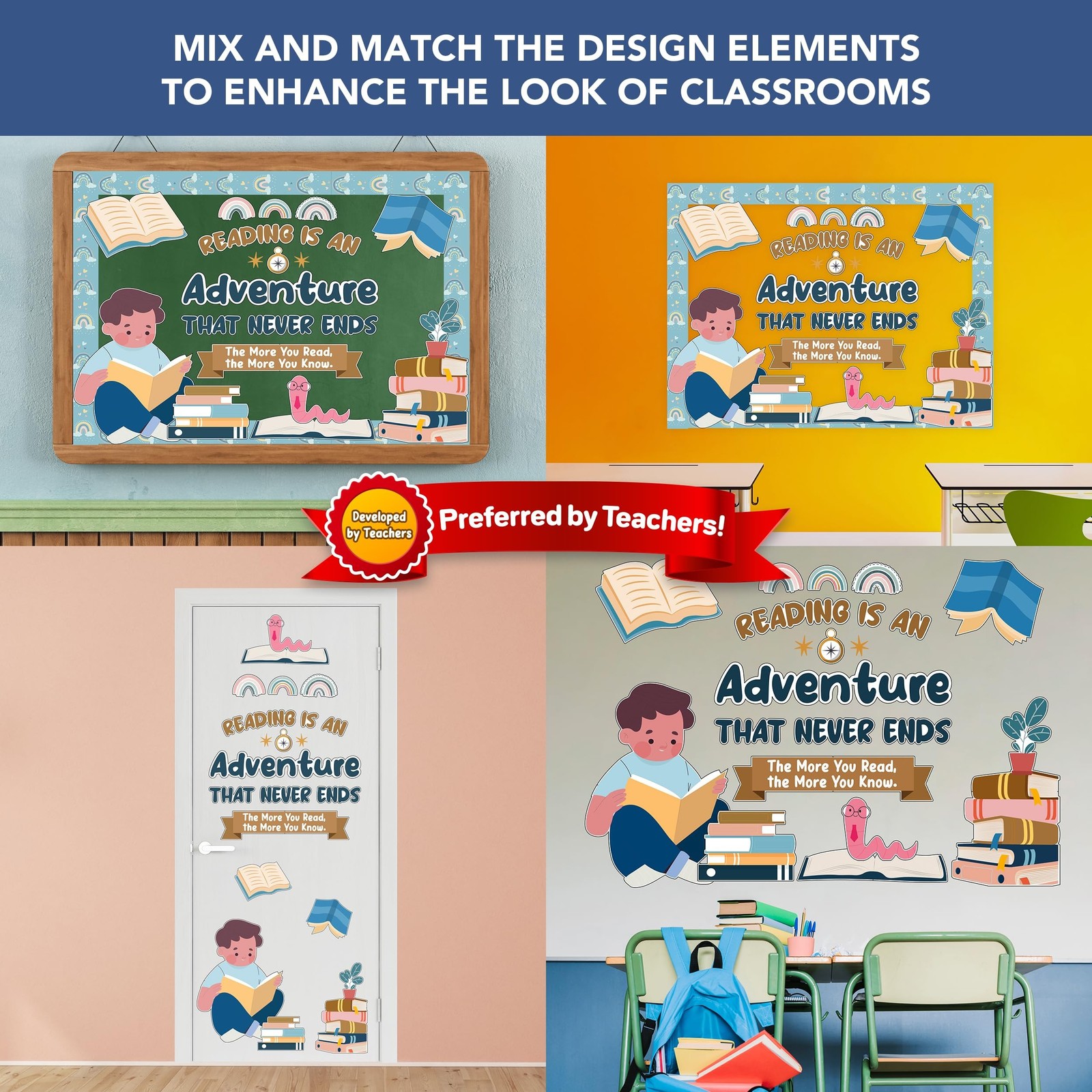 Decorably 45 Pcs Cutouts Rainbow Boho Reading Bulletin Board Reading Sets wit...