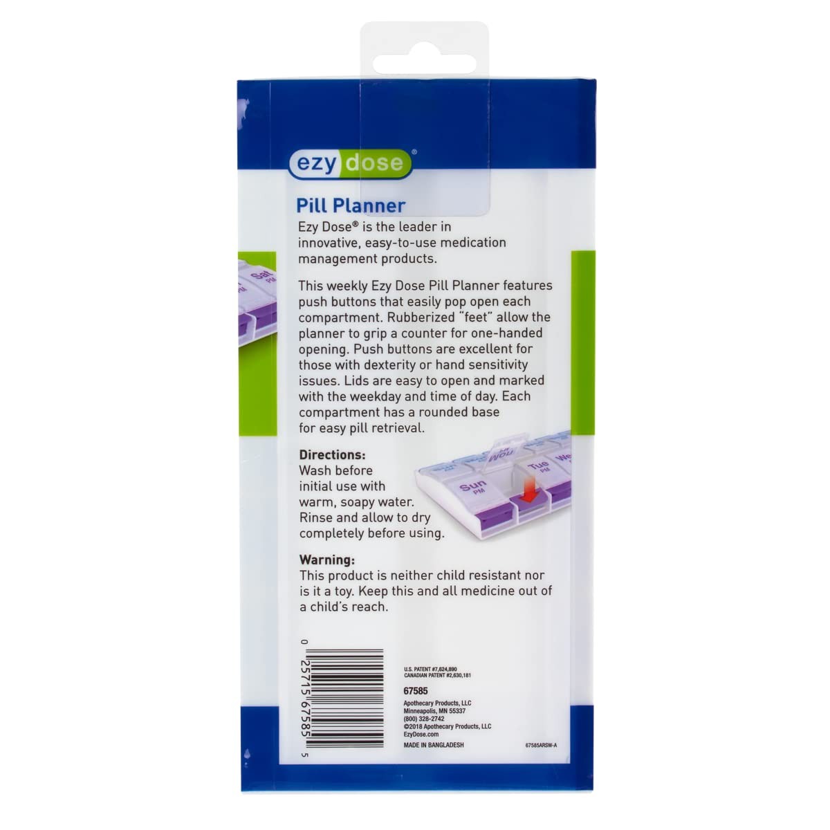 EZY DOSE Push Button (7-Day) Pill Case, Medicine Planner, Vitamin Organizer, 2 T