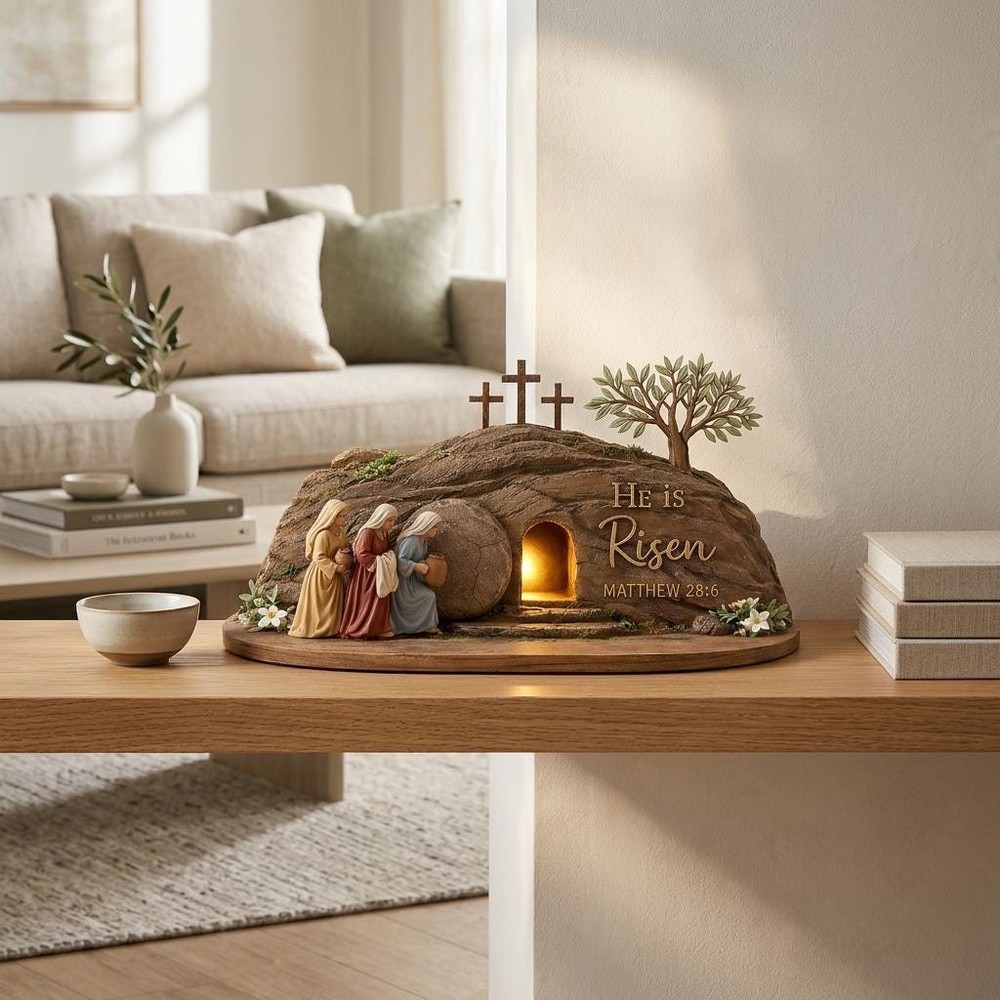 He Is Risen 4-Layer Wooden Easter Display – Empty Tomb Cross Decor