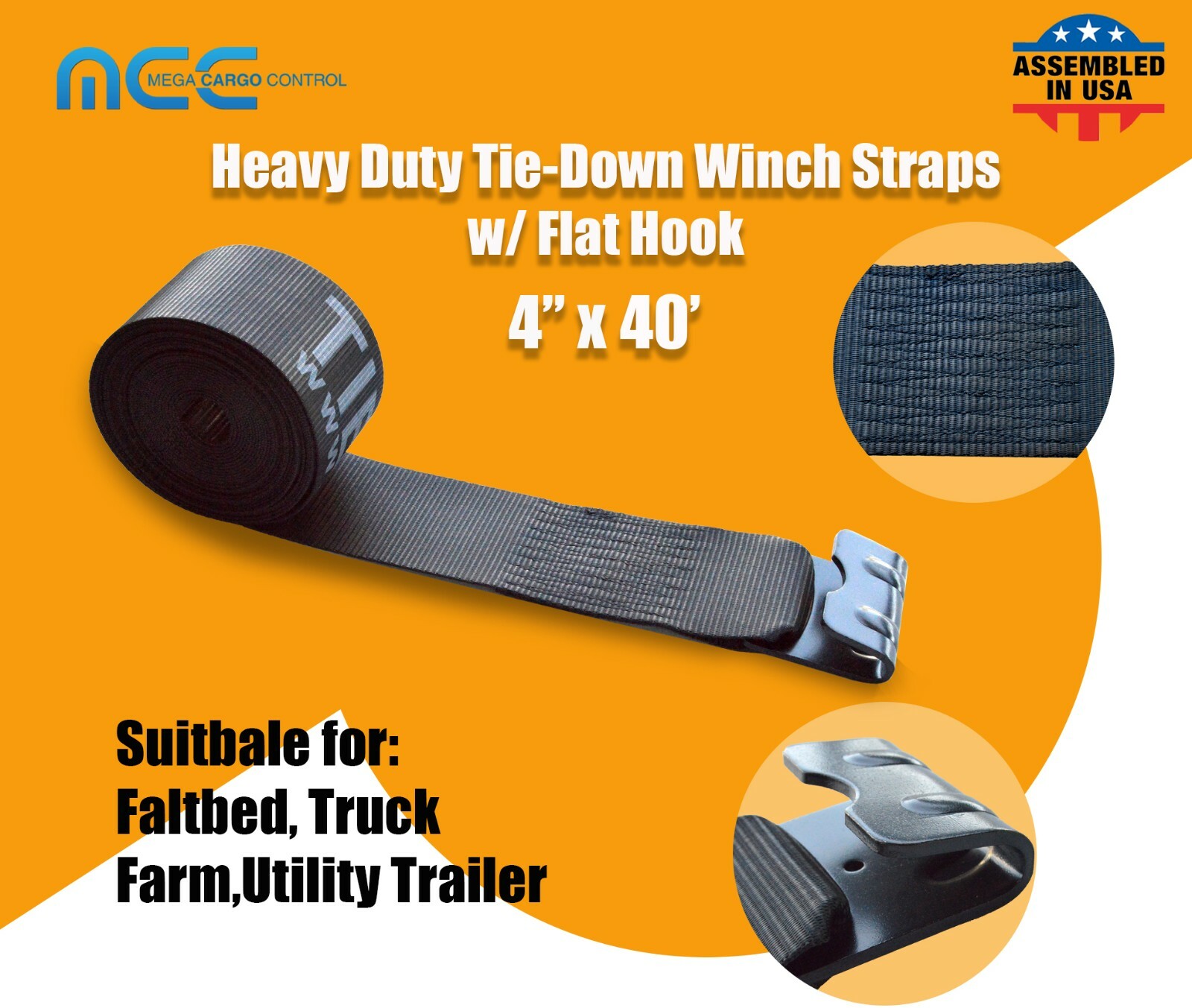 USA Heavy Duty 4" x40' Winch Strap Flat Hook Flatbed Truck Trailer Farm Tie Down
