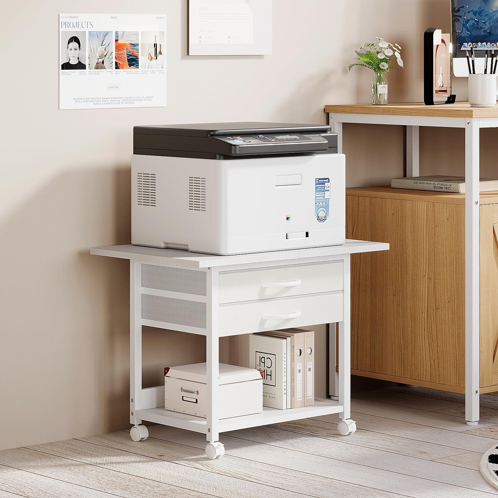Large Printer Stand with Storage Fabric Drawer Under Desk Printer Table with ...