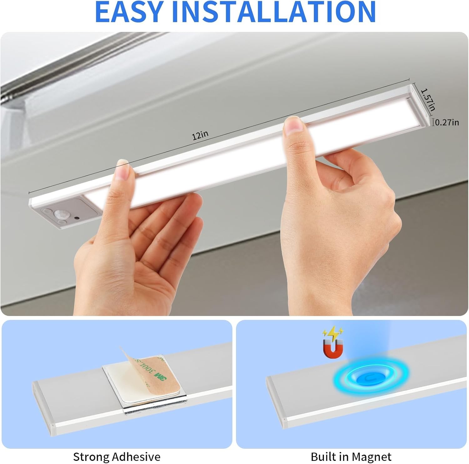 2 Pack 12in Under Cabinet Light Closet Bar 84LED Dimmable 3 Color Motion Sensor