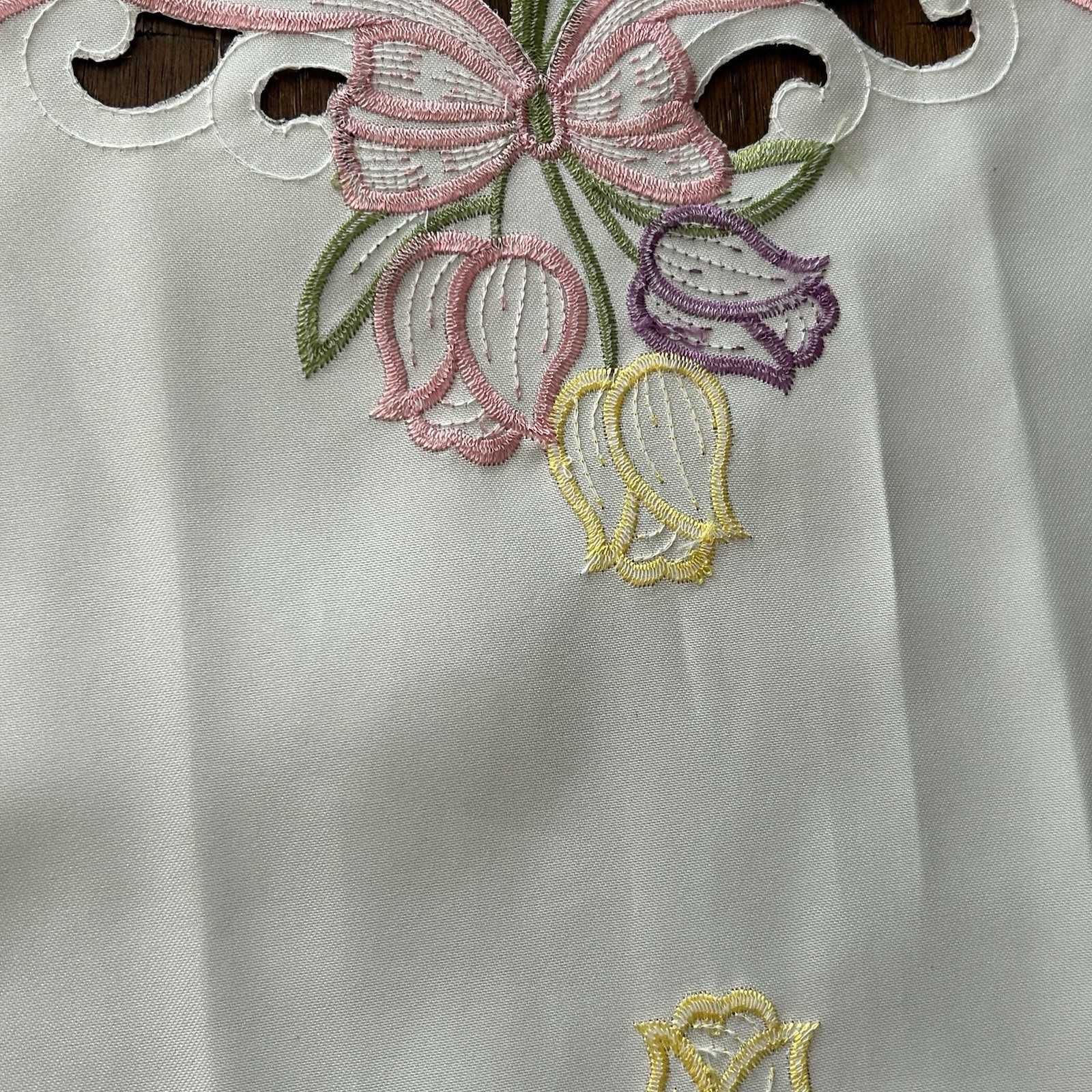 Spring Table Runner 68” Geese Embroidered Tulips Outwork Pink Bows