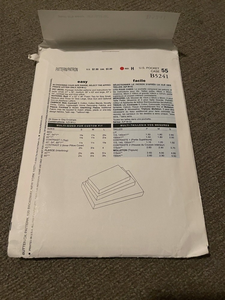 McCalls See Sew B5241 Pet Bed Sewing Pattern Crafts Small Medium Large