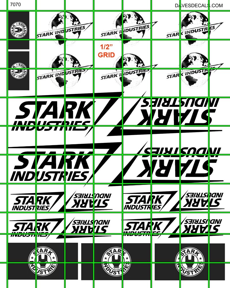 7070 DAVE'S DECALS STARK INDUSTRIES MIXED ASSORTED LOGOS ON CLEAR