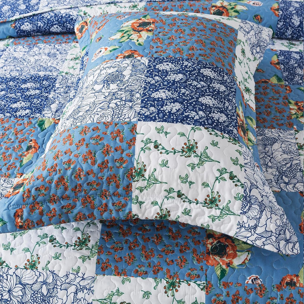 Reversible Boho Queen Quilt Set - Garden Pattern, 3 Pieces, Lightweight Bedsprea