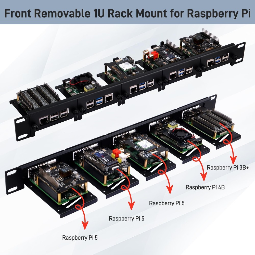 19 inch 1U Rack Mount for Raspberry Pi 5/4B/3B+/3B, with Removable Front Brac...