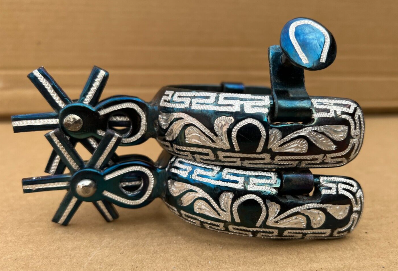 MEXICAN CHARRO BLUE SPURS. ESPUELAS CHARRAS AZULES, SADDLE HORSE CHARRO SPURS