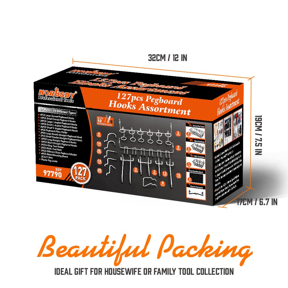 127 Pcs Pegboard Hooks Assortment (3 Baskets 4 pegboard) Organizing Tools