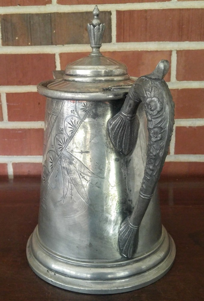 Antique Victorian Ornate Silver Plate Water Pitcher Hinged Lid 17 Unbranded