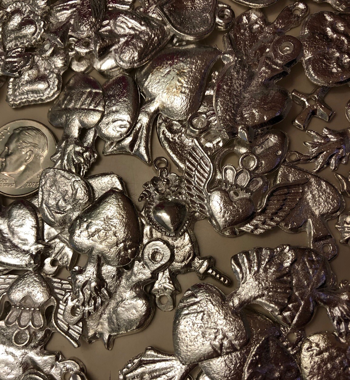 25 Milagro HEART Charms Mexican Folk Art SILVER All HEARTS Charm Lot