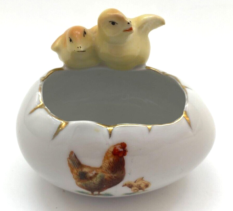 Vintage Porcelain Egg Dish Vase Hatching Yellow Chicks 3.5" Easter Spring