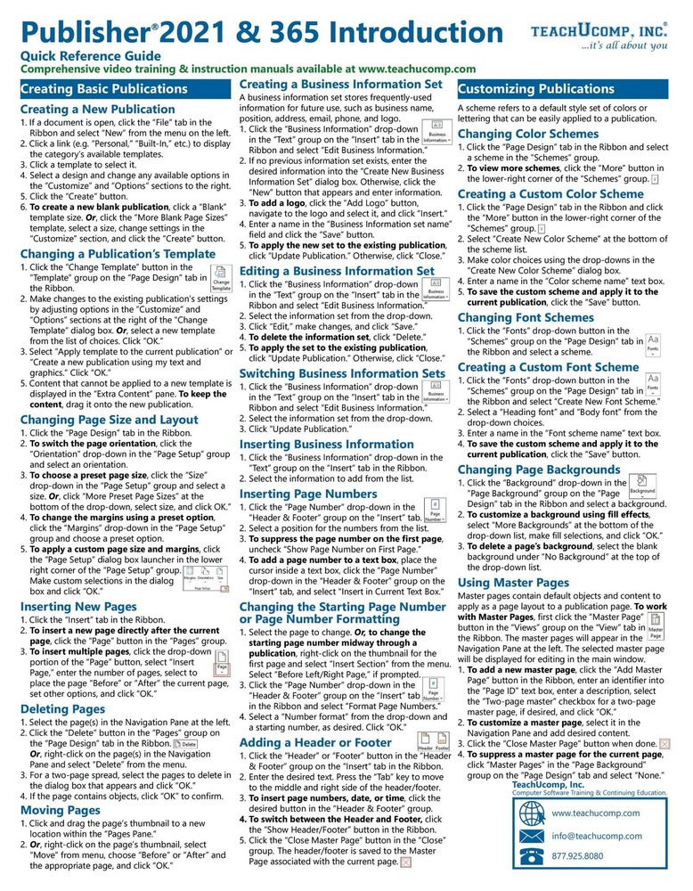 Publisher 2021 & 365 Training Guide Quick Reference Card 2 Page Cheat Sheet Help